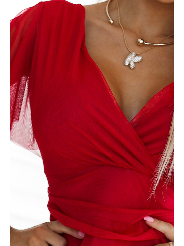 numoco 562-7 NASTIA Dolge obleke z izrezom in kratkimi rokavi - rdeče