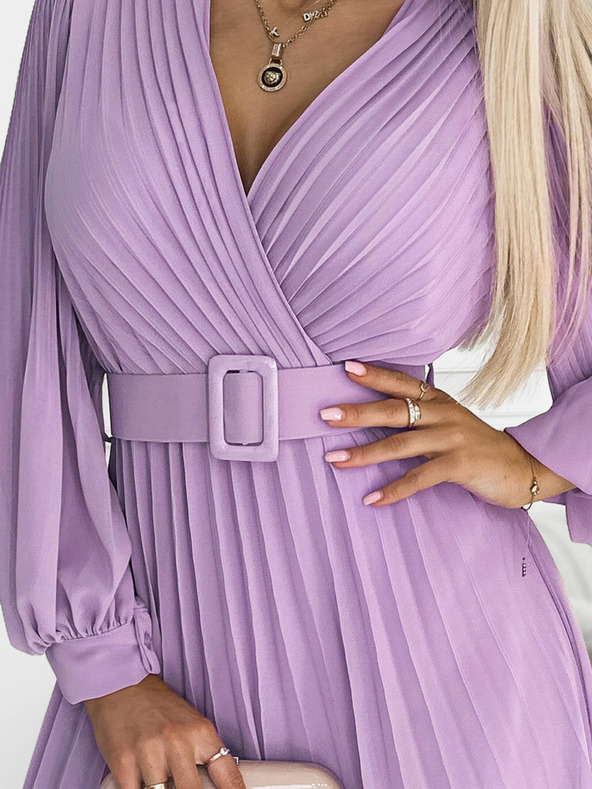 numoco Plisirana obleka s pasom in izrezom - vresje Numoco KLARA