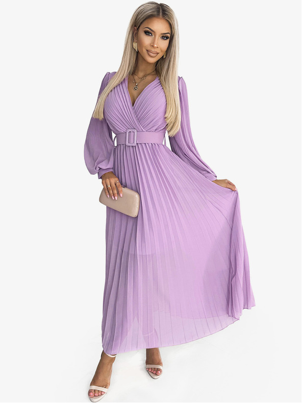 numoco Plisirana obleka s pasom in izrezom - vresje Numoco KLARA