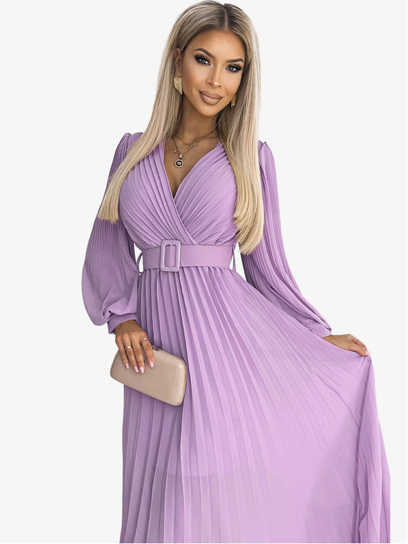 numoco Plisirana obleka s pasom in izrezom - vresje Numoco KLARA