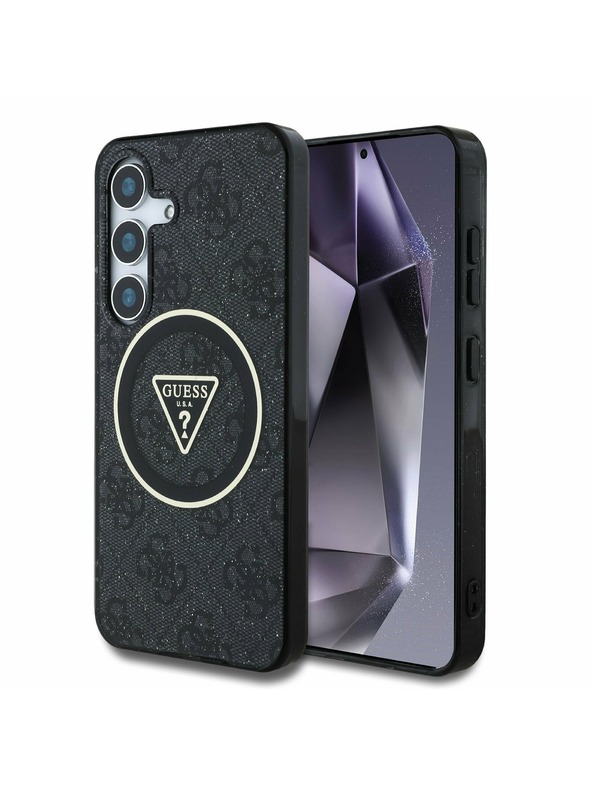 Guess IML 4G Glitter and Triangle Logo MagSafe Zadní Kryt pro Samsung Galaxy S25 Black Ovitek za telefon
