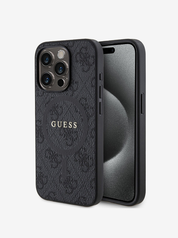 Guess PU Leather 4G Colored Ring MagSafe Zadní Kryt pro iPhone 15 Pro Black Ovitek za telefon