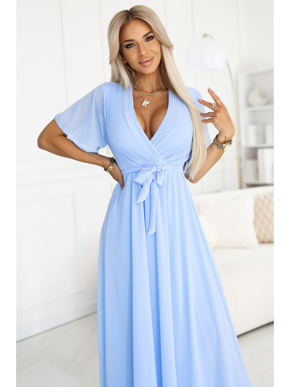 numoco 545-2 Dolge obleke z nagubanim izrezom in zavezovanjem - svetlo modre