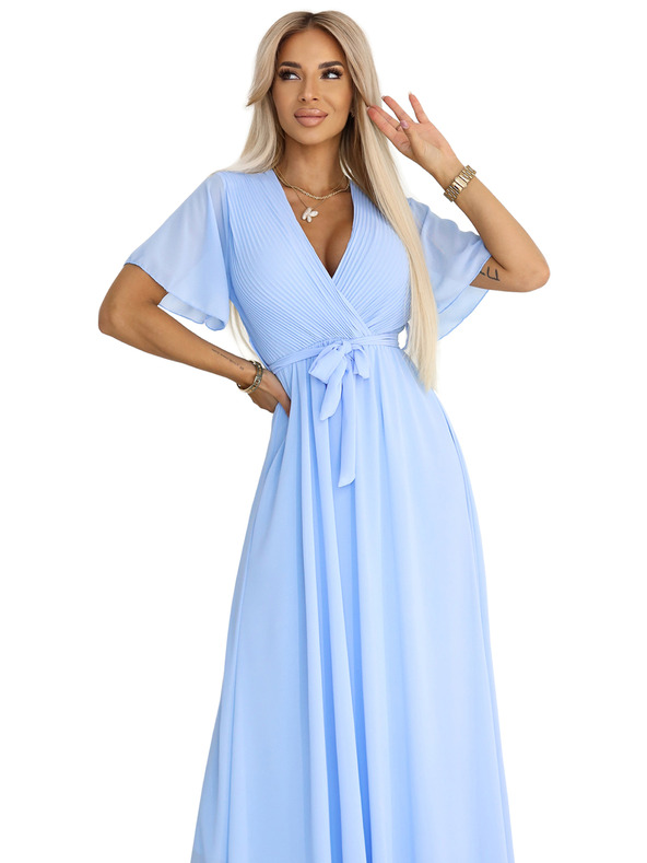 numoco 545-2 Dolge obleke z nagubanim izrezom in zavezovanjem - svetlo modre