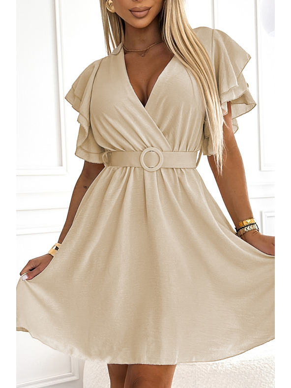 numoco Ženska obleka z ovojnim izrezom, rokavi in pasom - bež