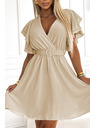 numoco Ženska obleka z ovojnim izrezom, rokavi in pasom - bež