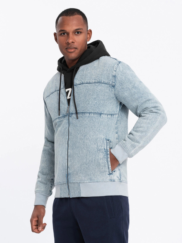 Ombre Clothing Moška bomber jakna iz džinsa z učinkom "stone wash" - svetlo modra V3 OM-JADJ-0163 Ombre Clothing