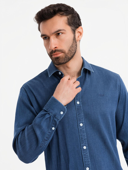 Ombre Clothing Moška jeans srajca z lyocellom in vezenino na prsih Ombre Clothing
