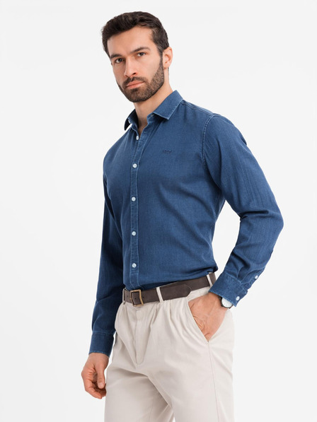 Ombre Clothing Moška jeans srajca z lyocellom in vezenino na prsih Ombre Clothing