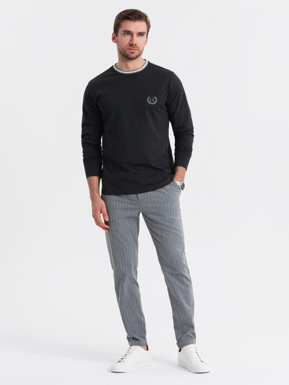 Ombre Clothing Moška bombažna majica z dolgimi rokavi, progastim U-izrezom in vezenim napisom Ombre Clothing