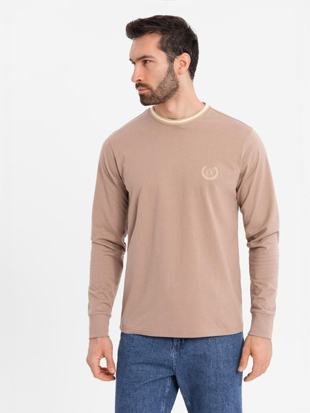 Ombre Clothing Moška bombažna majica z dolgimi rokavi, progastim U-izrezom in vezenim napisom Ombre Clothing