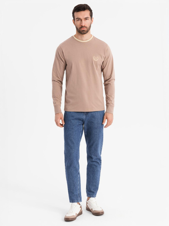 Ombre Clothing Moška bombažna majica z dolgimi rokavi, progastim U-izrezom in vezenim napisom Ombre Clothing