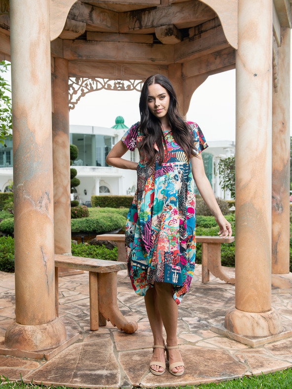 Orientique Turkizna in vijolična ženska vzorčasta obleka Orientique Onikawa