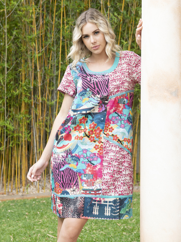 Orientique Modra in rožnata Orientique Onikawa ženska vzorčasta obleka