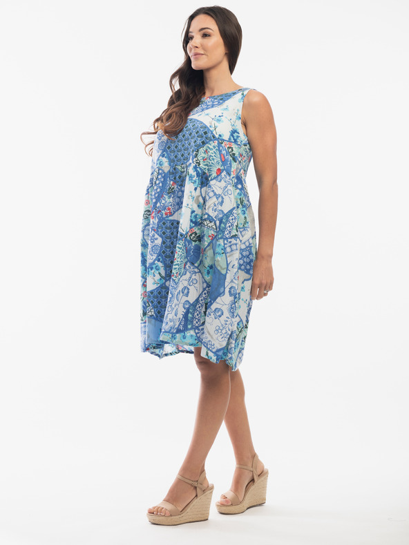 Orientique Svetlomodra Orientique ženska lanena vzorčasta obleka