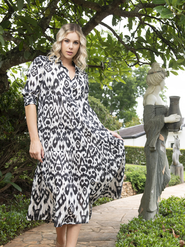 Orientique Orientique Izmir, belo-črna ženska vzorčasta midi obleka