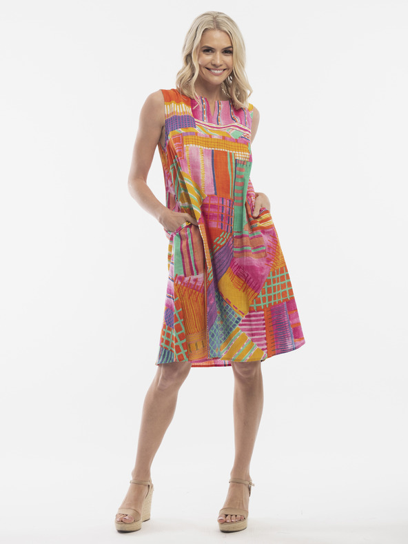 Orientique Oranžno-rožnata ženska vzorčasta obleka z žepi Orientique