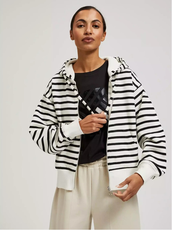 Moodo Črno-bela prožasta jopica s kapuco na zadrgo Moodo