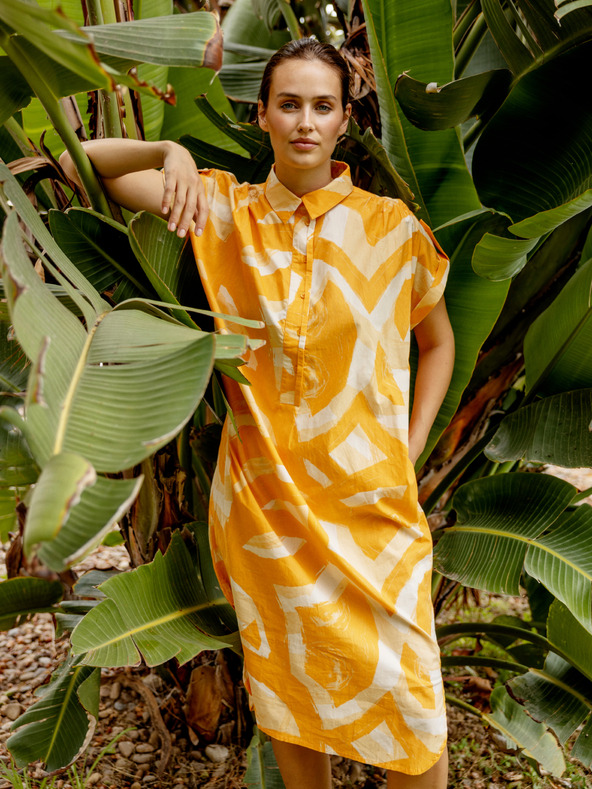 Fransa Bela in oranžna ženska vzorčasta midi obleka z žepi Fransa