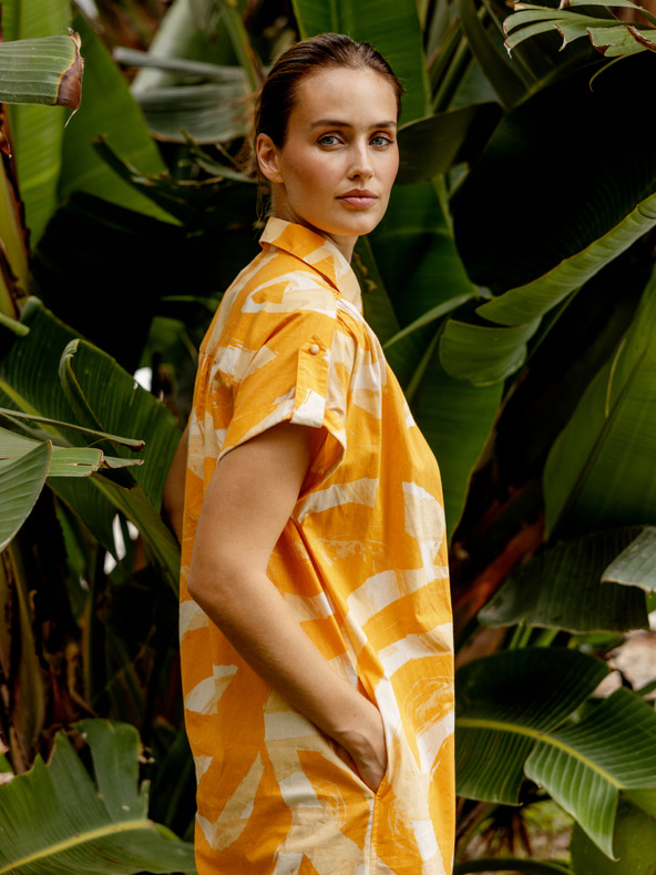 Fransa Bela in oranžna ženska vzorčasta midi obleka z žepi Fransa